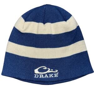 Drake Blue Cream Striped Ribbed Knit Embroidered Logo Stocking Cap Beanie